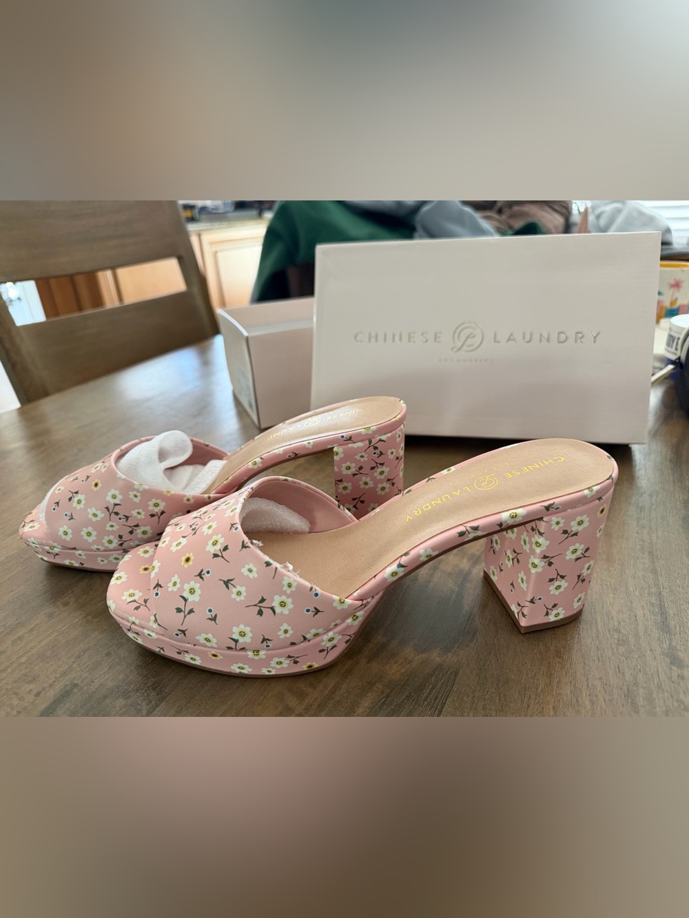 Chinese Laundry Pink Floral Block Heel Mules